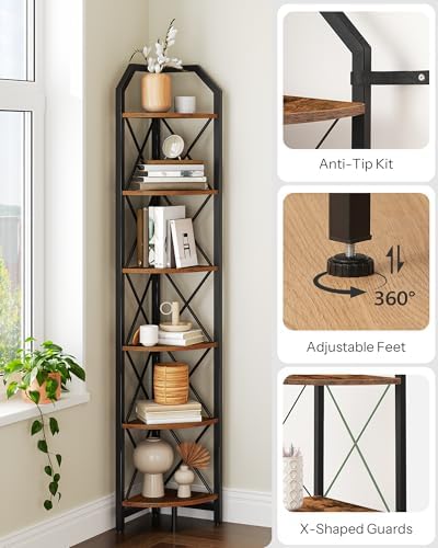 CHOEZON 6-Tier Corner Shelf, Industrial Corner Bookshelf, 71.2" Corner Storage Stand, Plant Stand Display Shelf, Corner Bookcase for Bedroom, Living Room, Home Office, Rustic Brown and Black TCJ11BF - Image 4