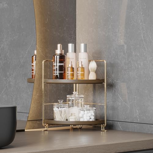 FSyueyun 2-Tier Corner Bathroom Counter Organizer, Gold & Brown - Image 6