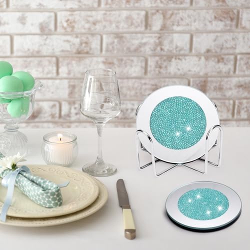 Jetec Mirrored Glass Coaster Set of 6 with 1 Holder 4" Crushed Diamond Round Cup Mat Glitter Crystal Rhinestone Glass Coaster Bling Table Decor for Bar Kitchen Gift for Christmas(Mint Green,4 Inch) - Image 5