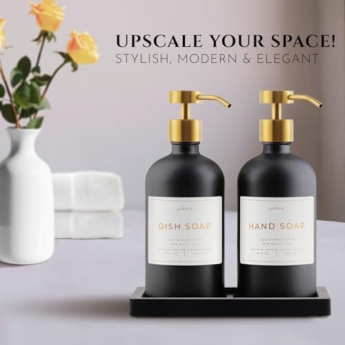 Glass Soap Dispenser Set of 2 (Black) with Silicone Tray | Hand and Dish Soap Dispenser for Kitchen and Bathroom | 16.8 Oz Glass Bottles with Stainless Steel Pump & 15 Waterproof Labels (Black/Gold) - Image 2