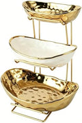 3 Tier Ceramic Fruit Bowl for Kitchen Counter with Metal Rack, Fruit Basket with Stand, Porcelain Bowls for Vegetable Bread Candy Snack Nuts Dessert Cake Tray (Gold 3 Layer) by jessie