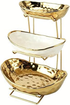 3 Tier Ceramic Fruit Bowl for Kitchen Counter with Metal Rack, Fruit Basket with Stand, Porcelain Bowls for Vegetable Bread Candy Snack Nuts Dessert Cake Tray (Gold 3 Layer) by jessie