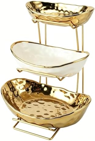 3 Tier Ceramic Fruit Bowl for Kitchen Counter with Metal Rack, Fruit Basket with Stand, Porcelain Bowls for Vegetable Bread Candy Snack Nuts Dessert Cake Tray (Gold 3 Layer) by jessie