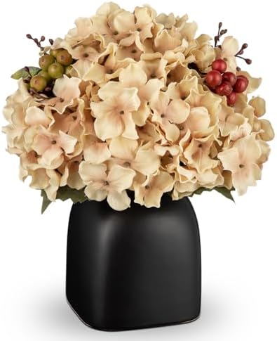 Briful Hydrangea Artificial Flowers in Ceramic Black Vase, Beige Silk Hydrangea Centerpieces for Tables, Realistic Dining Table Vase with Flowers for Farmhouse Home Decor Indoor by Briful