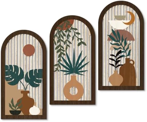 Putuo Decor Boho Wall Art, Abstract Botanical Room Decorations with Leaf & Sun Lines, Modern Minimalist Wooden Wall Decor 16x8 In Mid Century Artwork for Living Room Bedroom Office Set of 3 by PUTUODECOR