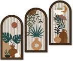 Putuo Decor Boho Wall Art, Abstract Botanical Room Decorations with Leaf & Sun Lines, Modern Minimalist Wooden Wall Decor 16x8 In Mid Century Artwork for Living Room Bedroom Office Set of 3 by PUTUODECOR