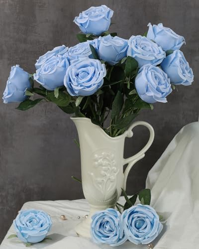 Coferset 10 Pcs Fake Silk Roses with Long Stems,Baby Blue - Image 3