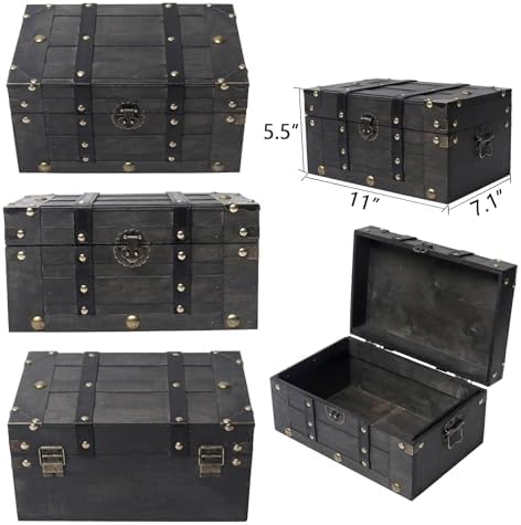 Vintage Wooden Treasure Chest,Decorative Pirate Box with Sturdy Hinged Lid - Image 2