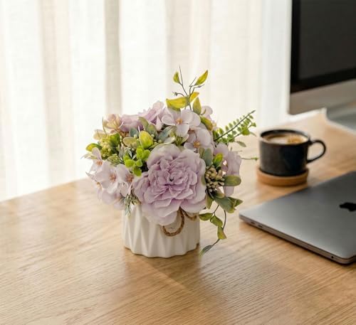TKAS Artificial Flowers Fake Silk Flowers with Ceramics Vase Rose Bouquets Faux Floral Arrangements Plants Decoration for Table Centerpieces Home Office Wedding (Purple) - Image 3