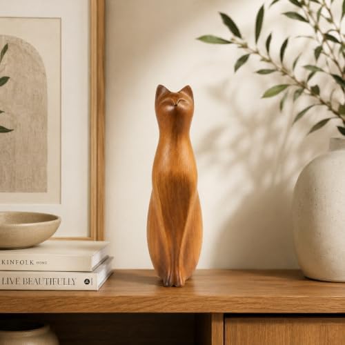 Comfy Hour Cat Sculpture Statue, 8 Inch Sitting Feline Figurine, Polyresin Wood-Look Brown Finish, Modern Farmhouse Shelf Decor for Indoor Home Accent, 1 Unit - Image 2
