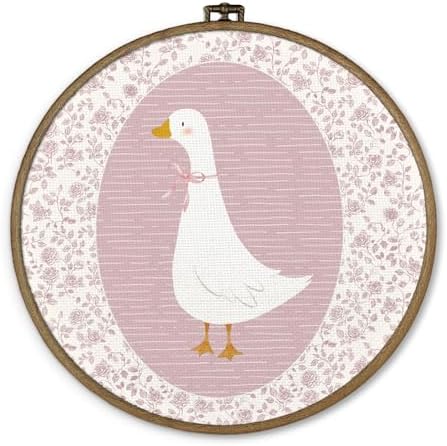 dvhdajed Coquette Pink Bow Goose Round Wall Art Decor, Preppy Goose Framed Canvas Art, Pink Nursery Wall Decor,Gooses Floral Wall Hanging Decor for Baby Nursery Bedroom Living Room, 10x10 In by dvhdajed