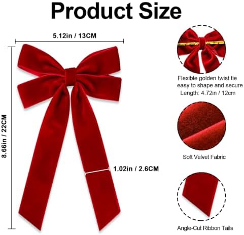 Red Velvet Bows for Christmas Tree, Red Ribbon Christmas Ornaments, 12pcs - Image 3