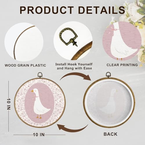 dvhdajed Coquette Pink Bow Goose Round Wall Art Decor, Preppy Goose Framed Canvas Art, Pink Nursery Wall Decor,Gooses Floral Wall Hanging Decor for Baby Nursery Bedroom Living Room, 10x10 In - Image 7