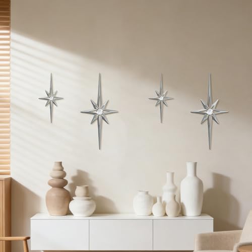 sxnzequnze 4 Pcs Star Wall Art for Home Decor Living Room Bedroom Office Metal 3D,Bling,with Hanging Hook Starburst Midcentury Sculpture Retro Gallery Accent Celestial -Silver 16.5in/9.4in - Image 2