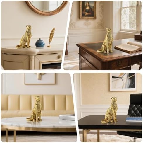 Cheetah Statue for Home Decor, 8" Resin Sitting Leopard Sculpture, Gold Desktop Decoration for Living Room, Dining Room, Office,Shelves, Tv Stand, Coffee Table or Entry Way - Image 6