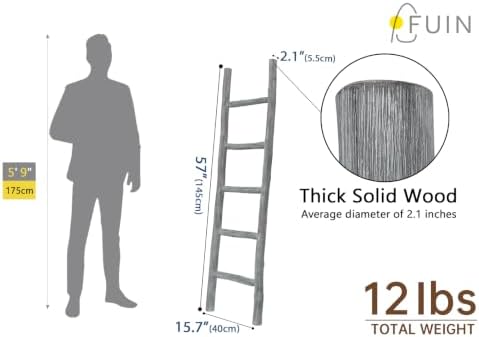 FUIN Blanket Ladder, 57in Wood Rustic Decorative Ladder, Light Gray - Image 4