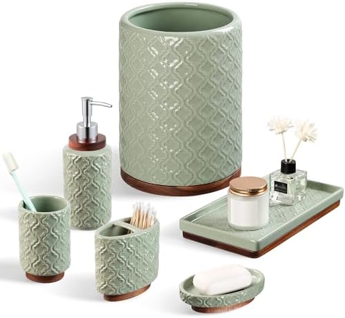 RQYIXI Ceramic Bathroom Accessories Set,Sage Green,6 Piece,with Trash Can by RQYIXI