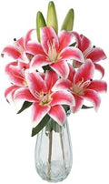 Garvee Faux Lily Flowers with Vase, 6 Heads Full Bloom Lily & 3 Buds, Long Stem Artificial Stargazer Lilies, Faux Tiger Bouquets in Glass Vase for Home Hotel Flower Arrangement Party Decor, Rose Red by Garvee