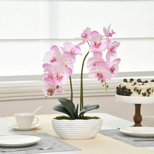 Large Artificial Orchid Arrangement in Oval Ribbed Ceramic Pot, Pink Shades - Image 5