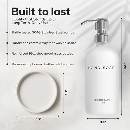 White Glass Hand Soap Dispenser Bathroom Set by Brighter Barns - Bathroom Soap Dispenser Set with Ceramic Tray - Refillable Glass Bottle Pump - Modern Home Decor for Airbnb, Hotel, Restaurants (White) - Image 3