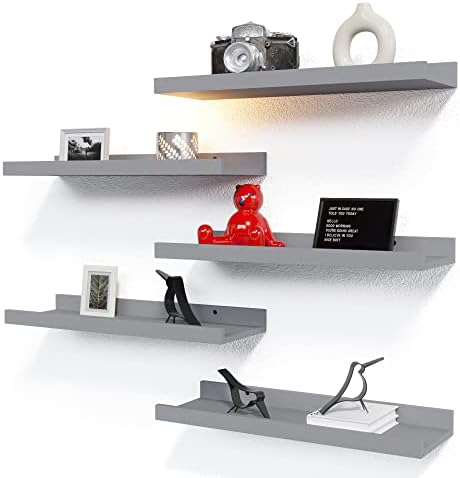 RICHER HOUSE 5-Set Floating Shelves with Lip, Grey Wall Mounted Wood Shelf by RicherHouse