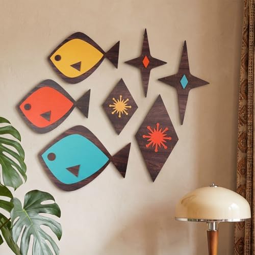 Youyole 7 Pcs Mid Century Modern Wall Art Abstract Fish Wall Decor Retro Atomic Stars Fish Starbursts Vintage Minimalist Mcm Hanging Sculpture 1950s Decor for Living Room Office Beach Home Accents - Image 2