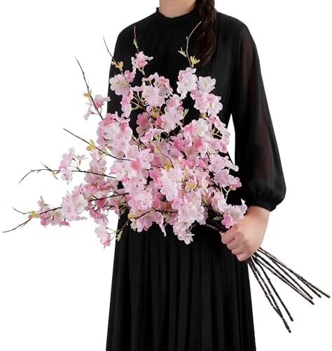 Artificial Cherry Blossom Branches 27.6In Silk Cherry Blossom Branches Long Stem Artificial Flowers for Tall Vase, for Home Decor, Weddings Decor, Parties & Festival Gifts 8PCS ，Pinkish White by ENALGRE