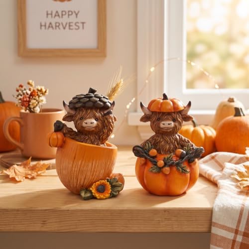 Fall Decorations for Home, Highland Cow Pumpkins Statues Cute Figurines - Image 5