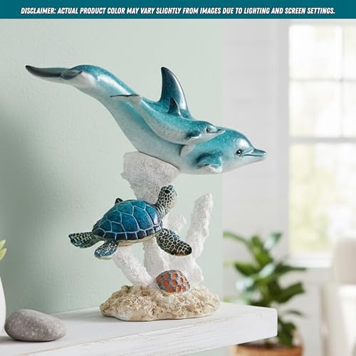 Ocean Life Figurine Dolphin Family with Sea Turtle 7 Inches High Coral Reef Decor Coastal Sea Life Nautical Room Accents - Image 4