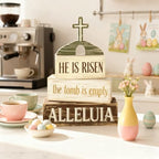 Easter Decorations - He Is Risen Tomb Cross Tiered Tray Decor - Religious Easter Wooden Tabletop Sign - Faith Farmhouse Easter Home Decor Indoor - Spring Home Decor for Living Room, Kitchen Counter, Seasonal Farmhouse Display - Image 4