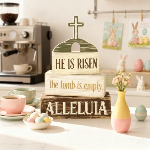 Easter Decorations - He Is Risen Tomb Cross Tiered Tray Decor - Religious Easter Wooden Tabletop Sign - Faith Farmhouse Easter Home Decor Indoor - Spring Home Decor for Living Room, Kitchen Counter, Seasonal Farmhouse Display - Image 4
