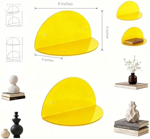 ROYALITA 2-Pack Small Acrylic Shelves Room Decor Floating Shelves, Yellow - Image 3