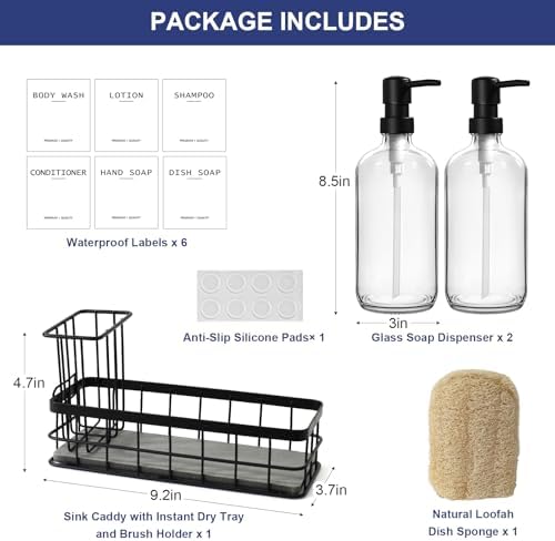 Dish Soap Dispenser for Kitchen, 16.9 fl oz Clear Hand and Dish Soap Dispensers, Kitchen Soap Dispenser Set with Sponge Holder, Brush Holder and Loofah Sponge, Countertop Sink Organizer Accessories - Image 2