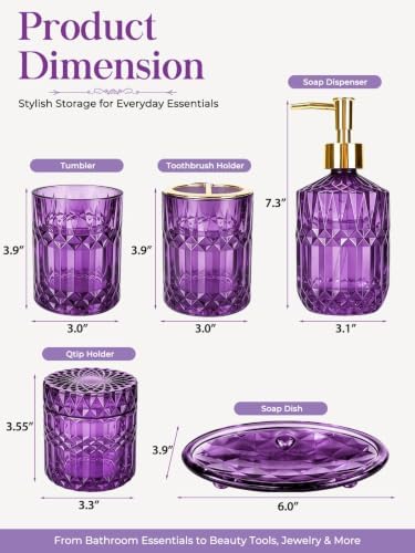 Haturi Purple Bathroom Accessories Set, Glass Bathroom Set, 5 Pcs - Image 2