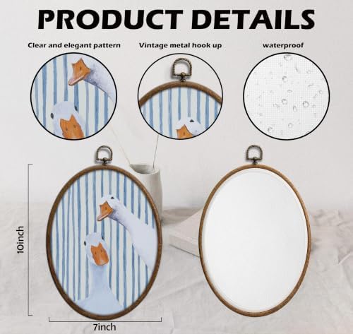 Whimsical Blue Stripe Goose Art, Cottage Core Oval Wall Decor, Waterproof - Image 2