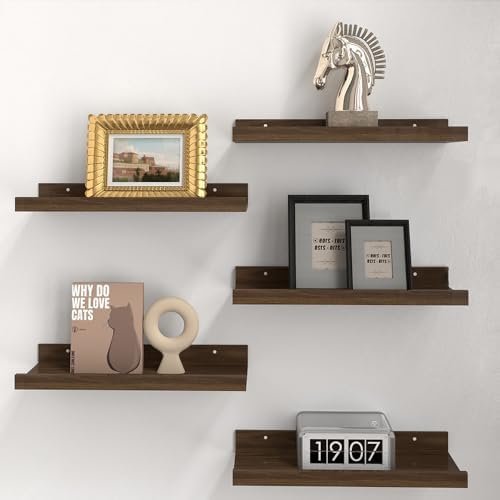 RICHER HOUSE 5-Set Floating Shelves with Lip, Walnut Wall Mounted Shelf by RicherHouse