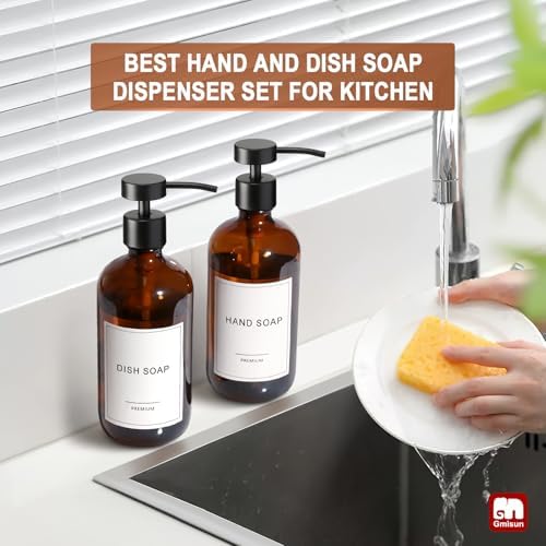 GMISUN Amber Glass Soap Dispenser, 2 Pack Bathroom Hand Soap Dispensers with Stainless Steel Flat Pump, 17 Fl Oz Kitchen Dish Soap Dispenser, Modern Vintage Liquid Brown Soap Dispensers Bottle Set - Image 6