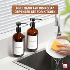GMISUN Amber Glass Soap Dispenser, 2 Pack Bathroom Hand Soap Dispensers with Stainless Steel Flat Pump, 17 Fl Oz Kitchen Dish Soap Dispenser, Modern Vintage Liquid Brown Soap Dispensers Bottle Set - Image 6