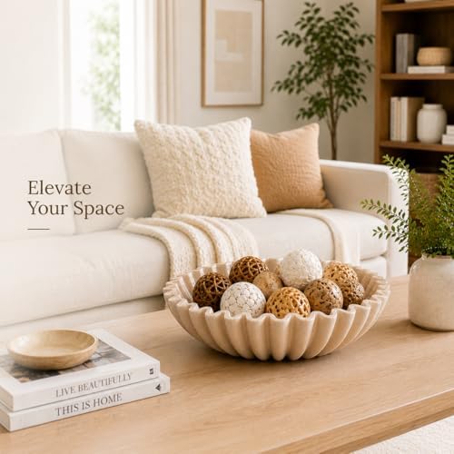 LIN CHUAN Ruffle Decorative Bowl, Large Fruit Bowl, Artificial Stone Beige - Image 4