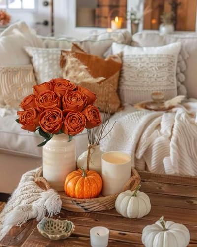 Coferset 10 Pcs Fake Silk Roses with Long Stems,Burnt Orange - Image 5