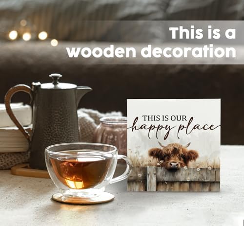 Highland Cow Sign - Farmhouse Western Animal Office Kitchen Bedroom Decor,Rustic Farm This Is Our Happy Place Home Decor Signs,highland Cow Gifts For Women,5x5 Inch - Image 2