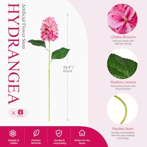 Ttranewsoo Fake Flowers Hydrangea Silk Flowers with Stems, Fake Grayish Hydrangea Artificial Flowers Winter Flowers Artificial for Decoration Vase Decor 24"（Dusty Rose） 8PCS Wthout Vase - Image 2