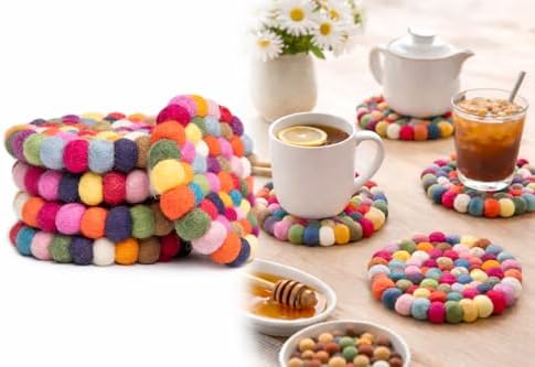 Round Felt Ball Coasters - 100% Merino Wool Table Coasters - Felt Coaster Pads, Absorbent Trivet for Drinks - Heat Resistant, Thick & Durable Hand Felted - Woolygon - Multicolor Set of 5 (Rainbow) - Image 3