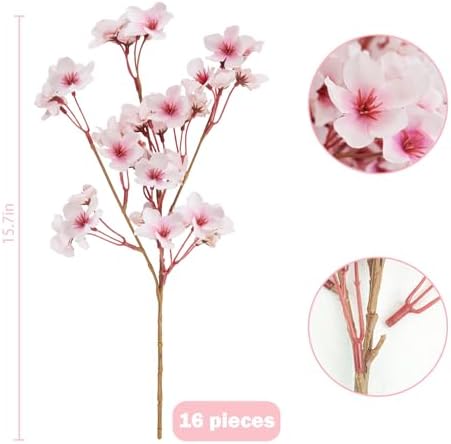 16 Pcs Artificial Silk Cherry Blossom Branches 15.7in for Vase ,Pink Peach - Image 5