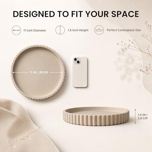11-Inch Concrete Round Tray Home Decor for Coffee Table Decor - Round Coffee Table Tray - Circular Kitchen Island Trays - Decorative Trays- Beige - Image 5