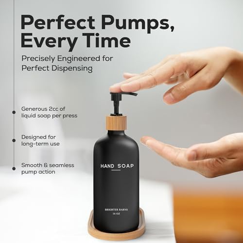 Black Glass Hand and Dish Soap Dispenser Set by Brighter Barns - Kitchen Soap Dispenser Set with Tray - Bamboo Pump Bottles for Kitchen Sink - Boho Modern Home Decor, Neutral Home Accessories (Black) - Image 4