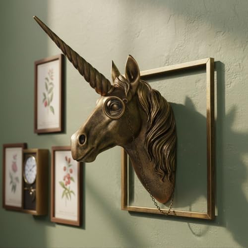 JJALIGHTS Exquisite Resin Animal Head Wall Sculpture (Gift Metal Frame) - Imitation Copper Vintage Decor for Living Room, Bedroom & Office | Decorative Wall Hanging Art (Unicorn) - Image 5