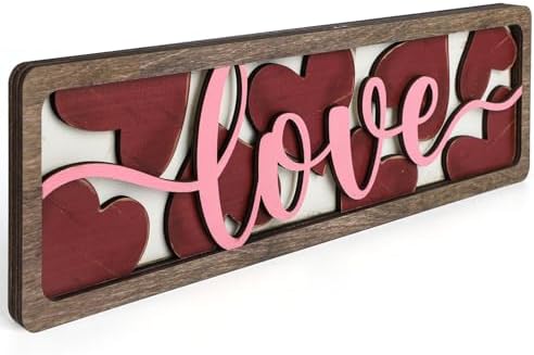 Vintage Valentine's Day Decorations for Office, Home, Table, Mantel, Shelf, Desk, 3 1/2 x 11 Inch Retro Valentine's Love Sign, Wooden Valentine Decor Sign, Farmhouse Red Pink Decoration (Love) by COCHIE