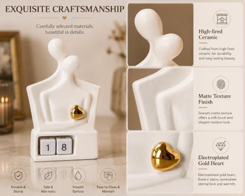 for Couples & Parents, Modern Ceramic Couple Sculpture with Fixed Gold Heart, Abstract Embrace Figurine Displays Anniversary Years 01-98, Wedding Home Decor, 7.3 Inch - Image 4