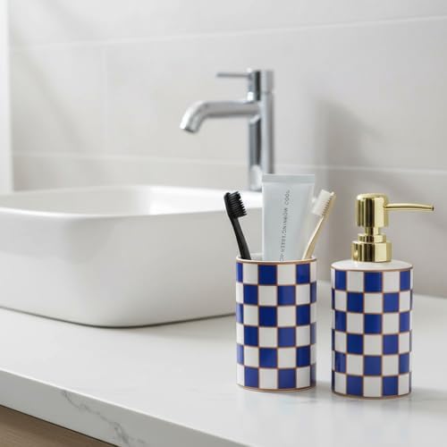 Bathroom Toothbrush Holder Set, Ceramic Checkered Soap Dispenser and Tooth Brush Holder Set, Modern Bathroom Accessories Sets Countertop, Black and White Checkered Bathroom Decor Set (Blue) - Image 6
